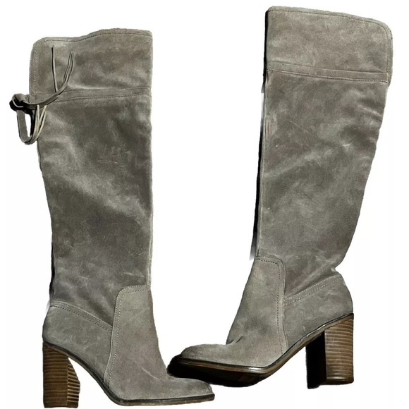 Franco Sarto Elly Over The Knee Boot Women's 9 Taupe Suede Wooden Heel Side Zip - Picture 5 of 7